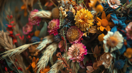 Fototapeta premium Natural wildflower wreath with a mix of colorful dried blooms, creating a rustic holiday aesthetic