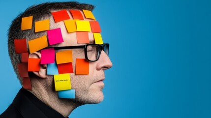 Man's face is covered in colorful sticky notes. The man is wearing glasses and has a serious expression on his face. Concept of chaos and disorganization
