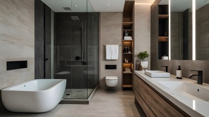 A modern and sleek bathroom interior with lines and neutral colors.