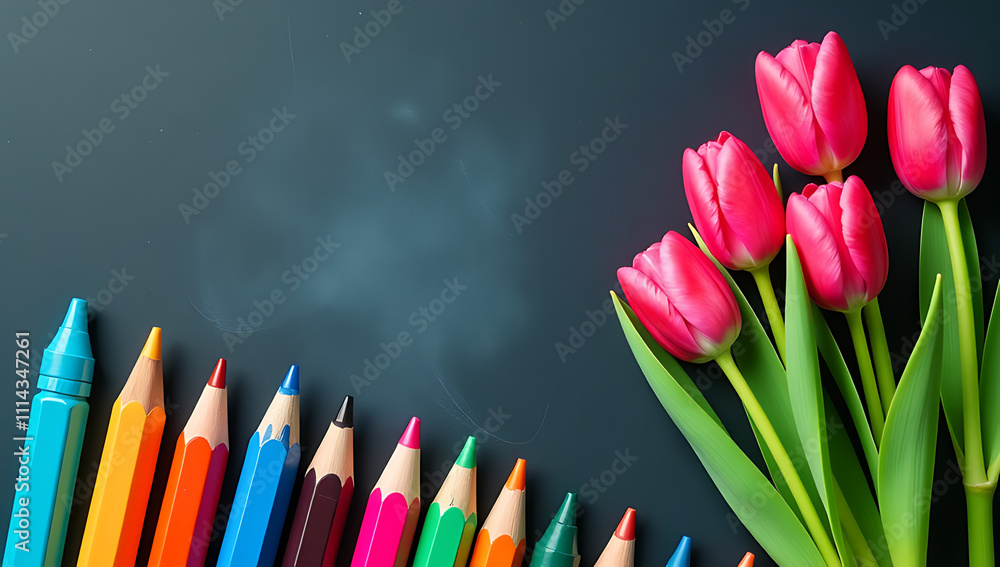 Poster snap a top view photo of colorful school supplies and a bright tulip bouquet on a chalkboard backgro