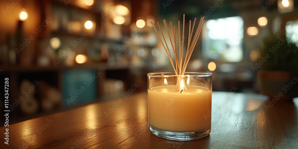 Poster warm glow of a candle casting serenity in a cozy indoor setting enriched with fragrant sticks