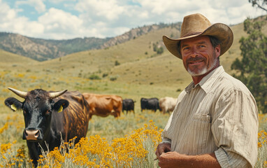 Smiling rancher, weathered face, stands amidst his cattle in a sun-drenched pasture, embodying rural life's quiet strength and beauty.