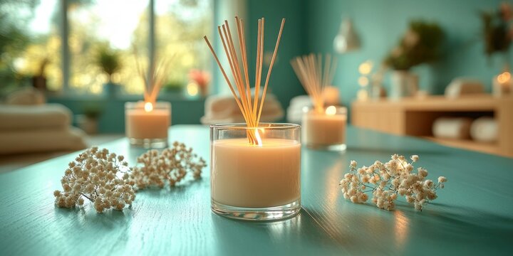 Soothing ambiance of softly flickering candles on a tranquil table in a serene room with floral accents