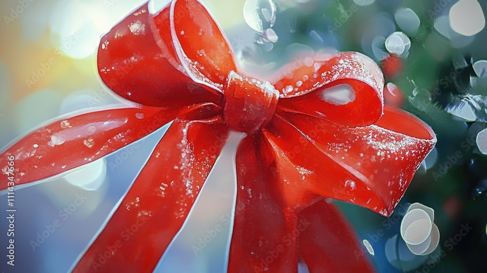 Poster a close-up shot of a vibrant red bow tied around the trunk of a tree