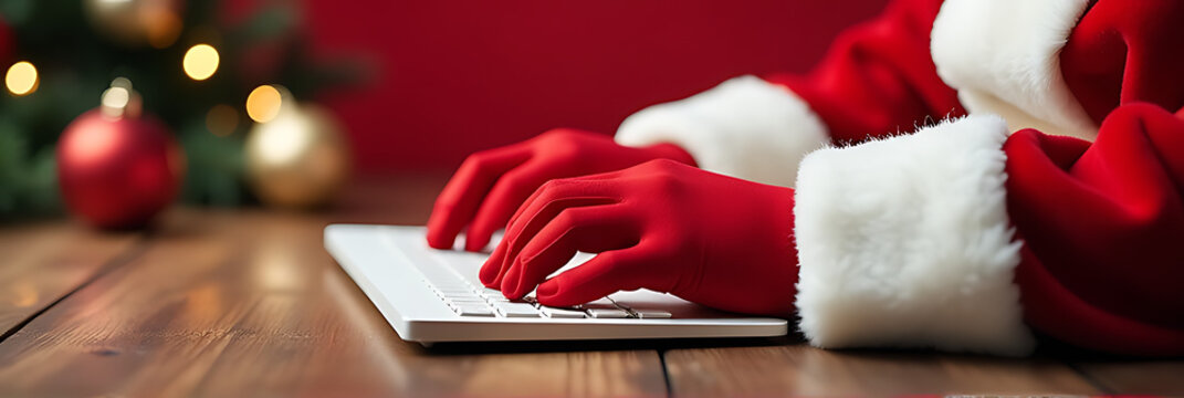 Santa types away in gloves on a white keyboard against a festive red backdrop for Christmas preparations and holiday communication efforts._00001_