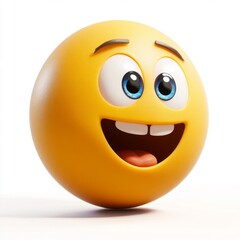 Cute happy emoji on white background. 3D render of a round yellow ball with eyes and smiling mouth.