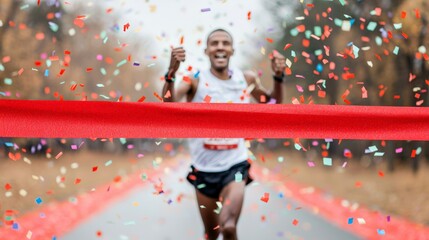 A joyful runner crosses the finish line, celebrating victory amid colorful confetti and a red ribbon.