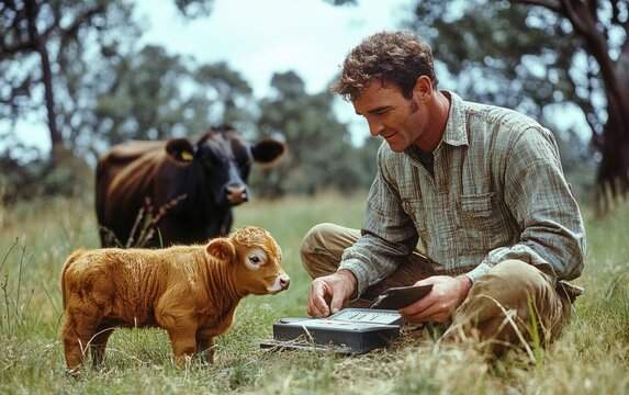 A farmer gently weighs a newborn calf in a serene pasture, showcasing the tender bond between humans and animals. The mother cow watches from afar.