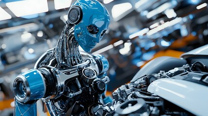 Sky Blue Robot Tuning a Car Engine, Mechanical Skills Demonstrated by AI