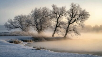 Three bare trees stand on a snow-covered bank beside a fog-filled river at sunrise.