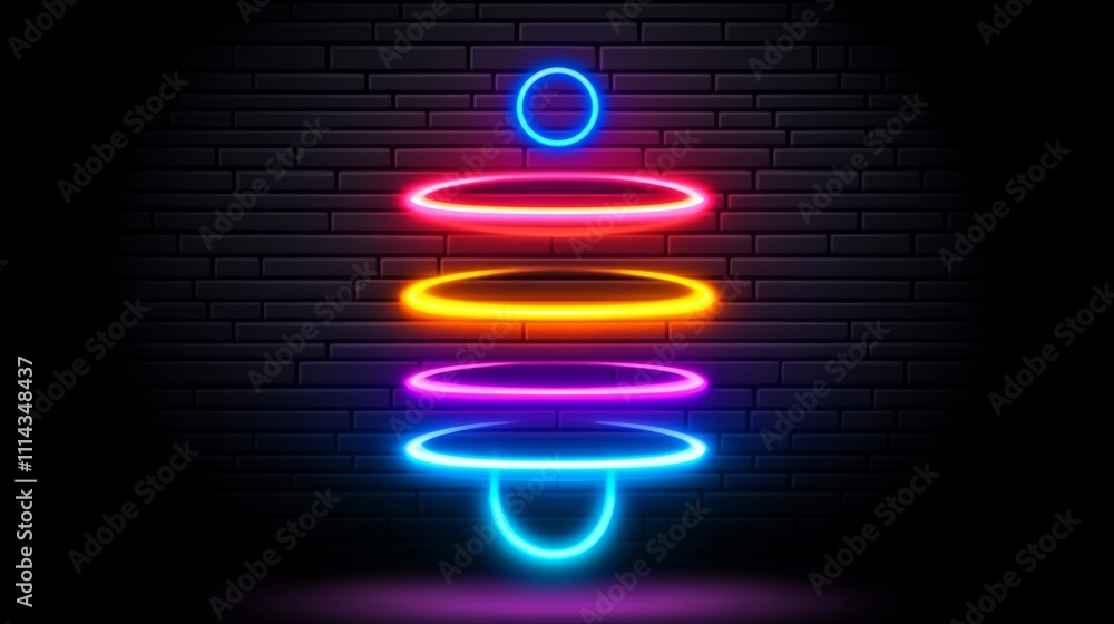 Poster neon sign with three different colored circles on it. the circles are in different colors and are gl