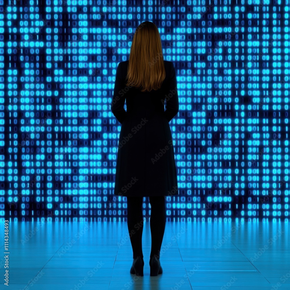 Poster woman standing in front of blue digital wall with binary code displayed, reflecting themes of techno