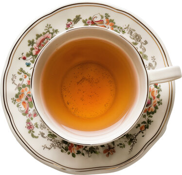 top view of vintage tea cup with saucer isolated on a white background