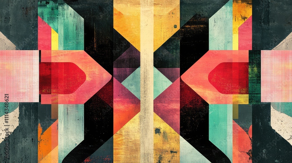 Aufkleber a pixelated collage of bold geometric shapes and contrasting colors, creating an abstract, symmetric