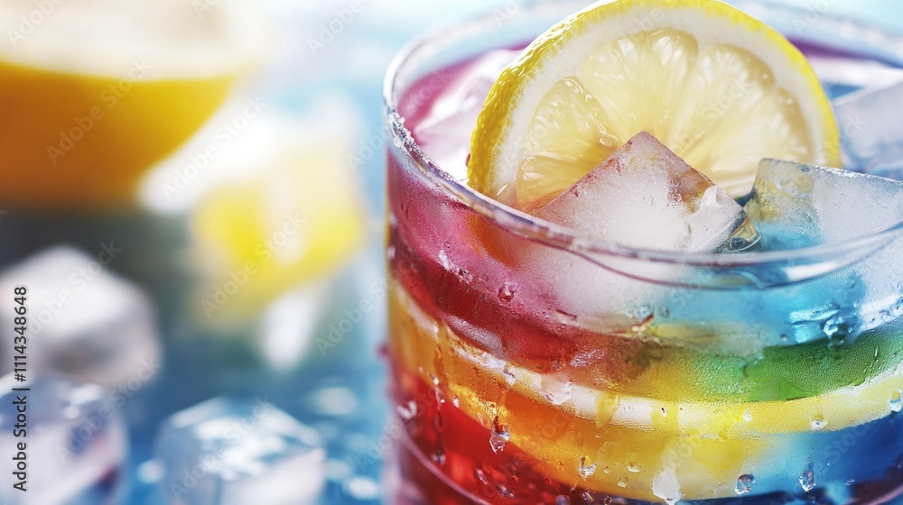 Poster A close-up shot of a refreshing drink with ice and a slice of lemon