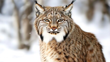 Obraz premium Close-up portrait of a Eurasian lynx in a snowy winter forest.