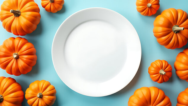 Pumpkins surround an empty white plate on a soft blue background, evoking autumn and Thanksgiving themes in a festive manner always._00001_