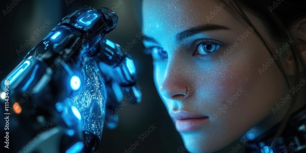 Poster exploring the convergence of humanity and technology through a luminous gaze in a futuristic setting