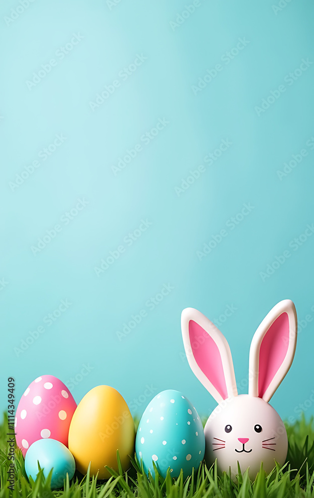Poster photo of colorful easter elements like eggs and bunny ears set against a soft pastel blue background