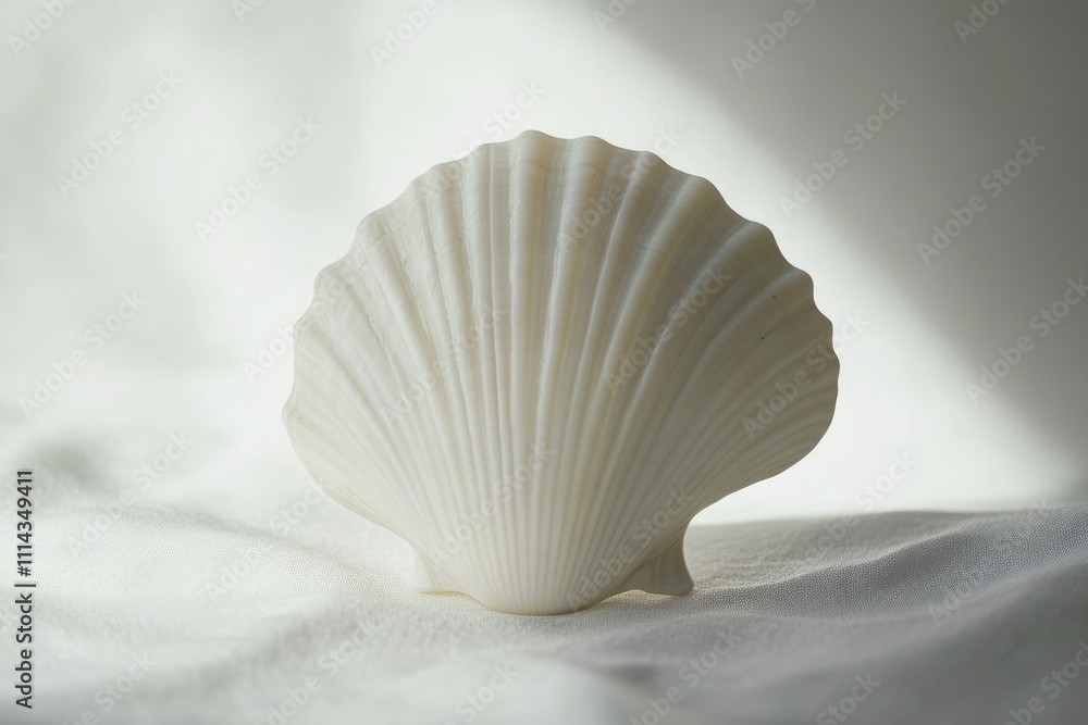 Poster A detailed view of a shell placed on a bed, ideal for using in travel or beach-themed projects