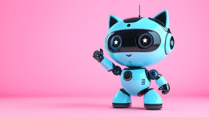 Small Blue Robot Cat with Starry Eyes and Joyful Expression Pointing Upwards, Gradient Light Pink Background for Friendly AI-Themed Marketing