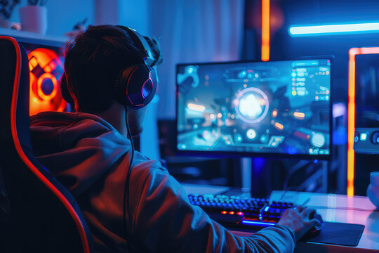 young man gaming with computer in room with neon lights and streaming online