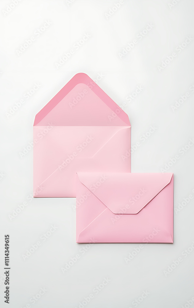 Poster Pastel pink envelopes sit on a white background, one open and one closed, creating a visually appealing contrast in the empty space._00001_