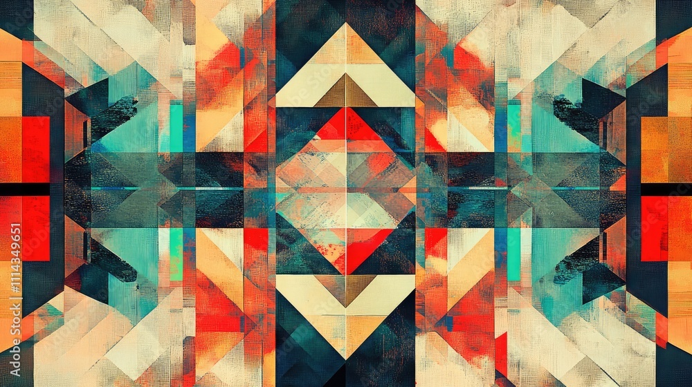 Poster a pixelated collage of bold geometric shapes and contrasting colors, creating an abstract, symmetric
