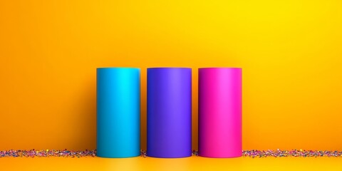 Fototapeta premium Three tall, colorful cylinders are standing on a yellow background. The cylinders are blue, pink, and purple