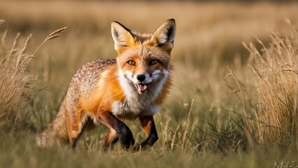 Fototapeta premium Fox Leaping Through Tall Grass in Golden Meadow While Hunting