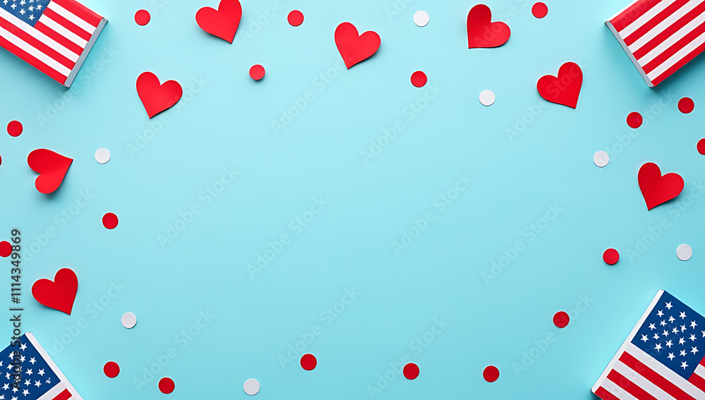 Poster pastel blue background features a top view of american flag patterns, calendars, and hearts amidst s