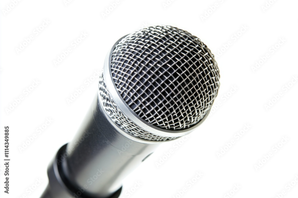 Poster a close-up shot of a microphone on a white background, ideal for use in music, sound design or recor