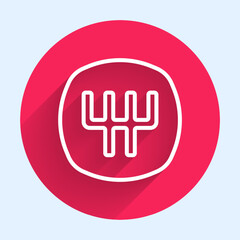 White line Gear shifter icon isolated with long shadow background. Manual transmission icon. Red circle button. Vector