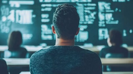 Individual Attending Lecture in Modern Classroom with Digital Screen Displaying Code and Data Analysis, Engaged in Learning and Technology
