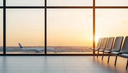 Fototapeta premium Empty airport terminal with sunrise view through large windows, airplane on tarmac, inviting journey and exploration.