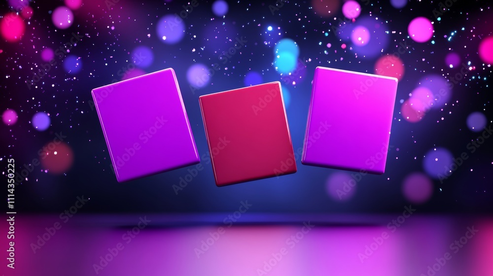 Poster purple square with a pink square on top of it and a pink square on the bottom. the squares are float