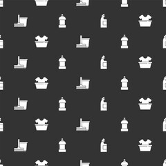 Set Bottle for cleaning agent, Basin with shirt, Mop and bucket and on seamless pattern. Vector