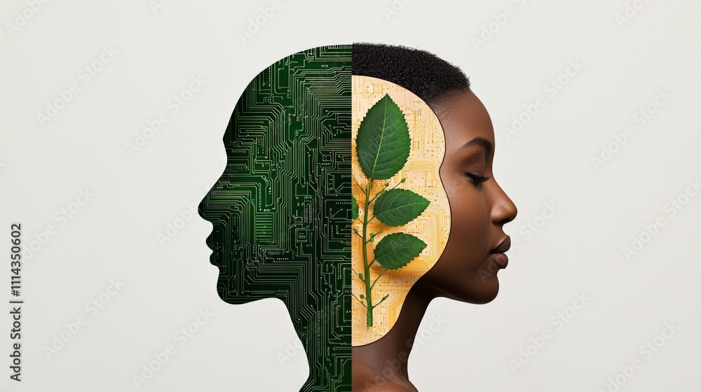 Poster a split-image illustrating the harmony between technology and nature, featuring a profile of a perso