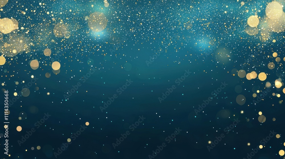 Poster soft golden bokeh on deep teal background with illuminated particles for a stunning effect