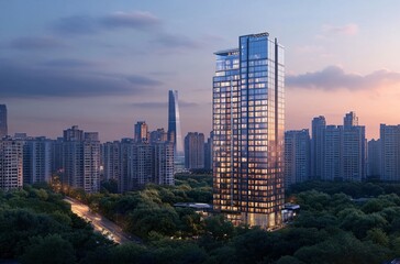 Obraz premium Aerial view of a city at night showcasing a solitary apartment building and office towers with illuminated facades, highlighting the vibrant real estate and commercial districts of the urban skyline.