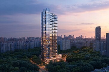 Obraz premium Aerial view of a city at night showcasing a solitary apartment building and office towers with illuminated facades, highlighting the vibrant real estate and commercial districts of the urban skyline.