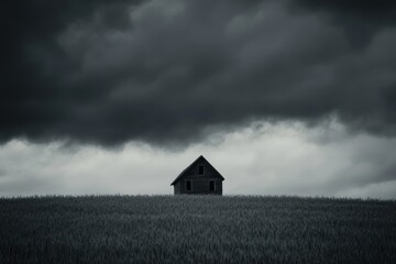 Lonely House In A Wheat Field Under Dark Clouds