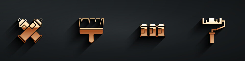 Set Paint spray can, brush, and roller icon with long shadow. Vector