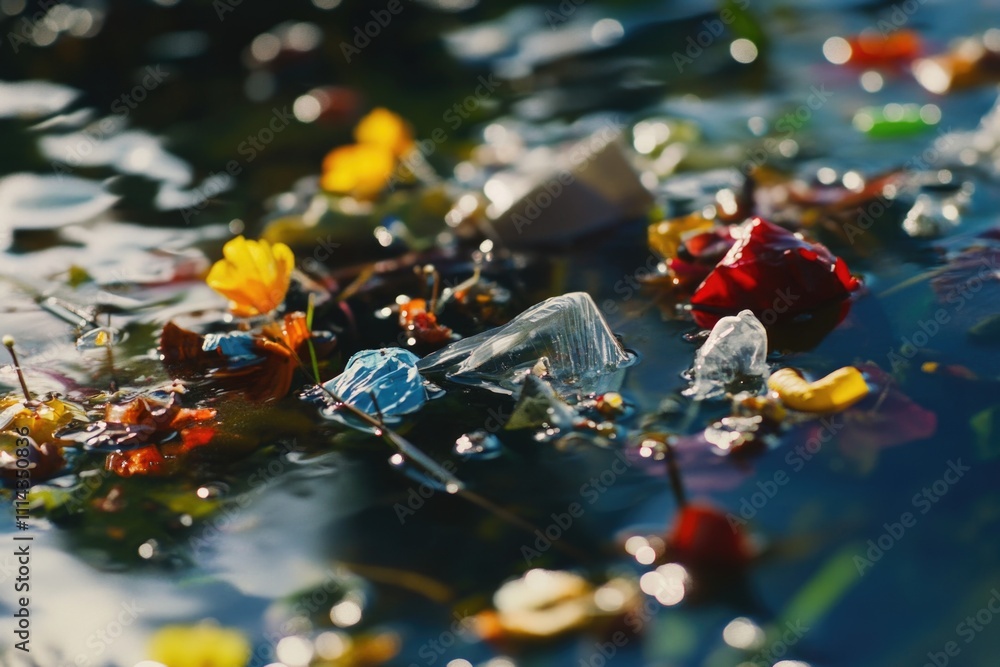 Poster A picture of garbage floating on the surface of calm water, suitable for use in environmental or pollution-related contexts