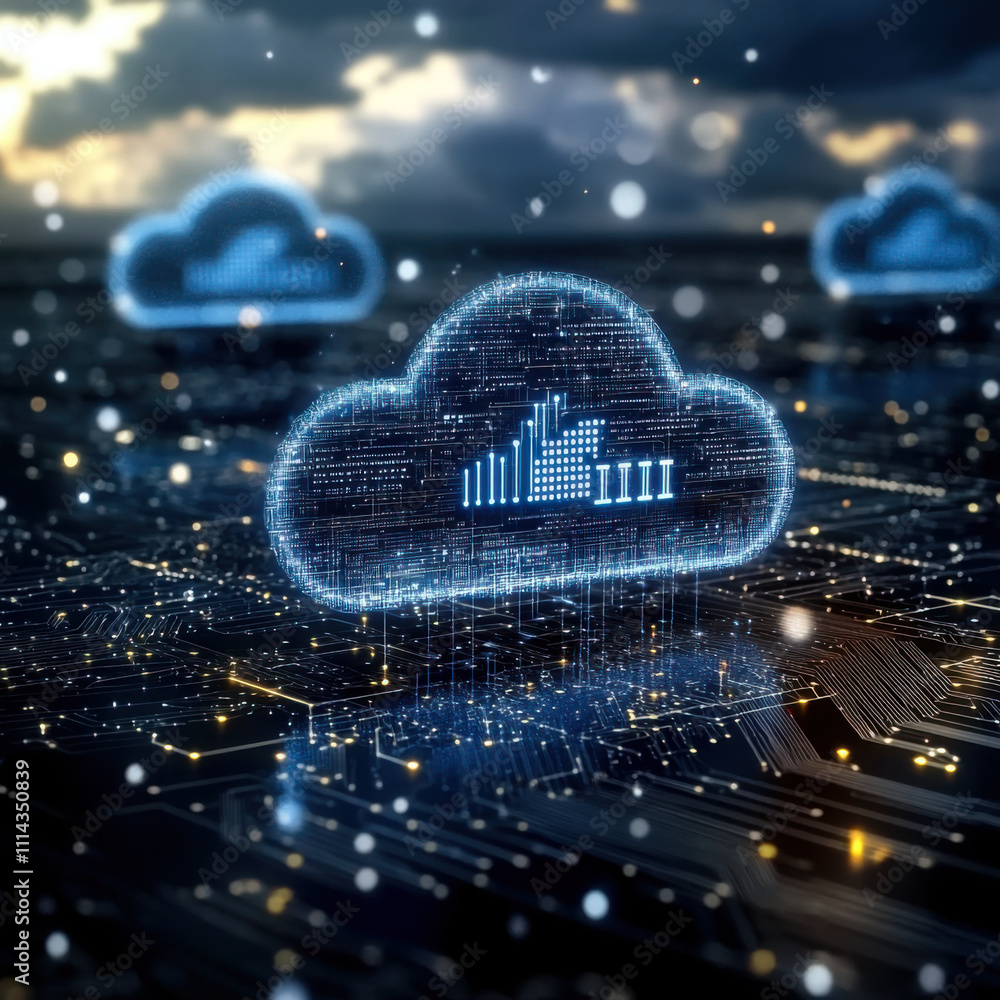 Poster futuristic cloud computing technology on background of microcircuit elements