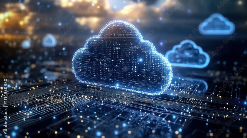 Poster futuristic cloud computing technology on background of microcircuit elements