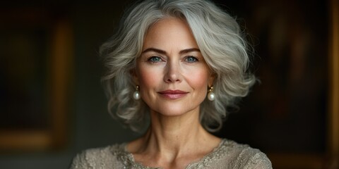 Fototapeta premium Elegant woman with silver hair posing gracefully in soft lighting, showcasing timeless beauty and confidence at an artful venue