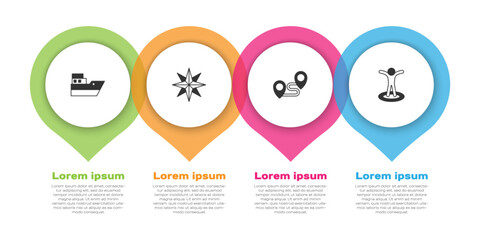 Set Ship line path, Wind rose, Route location and Location with person. Business infographic template. Vector