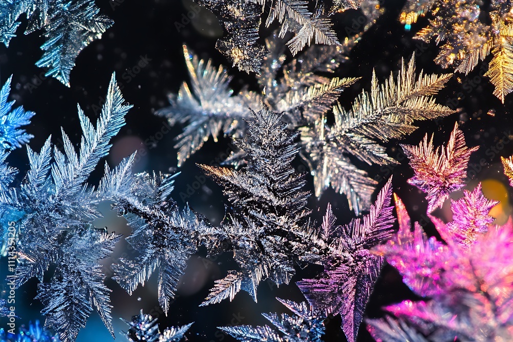 Aufkleber intricate frost patterns on a windowpane, showcasing vibrant iridescent colors against a dark backgr