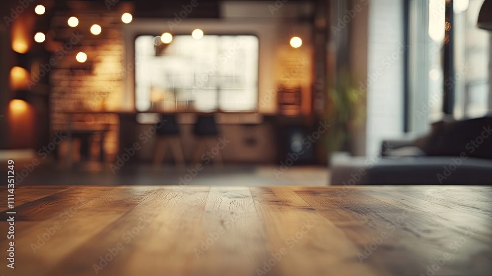 Poster interior design concept in loft style with a focus on unique elements, featuring bokeh effects and a